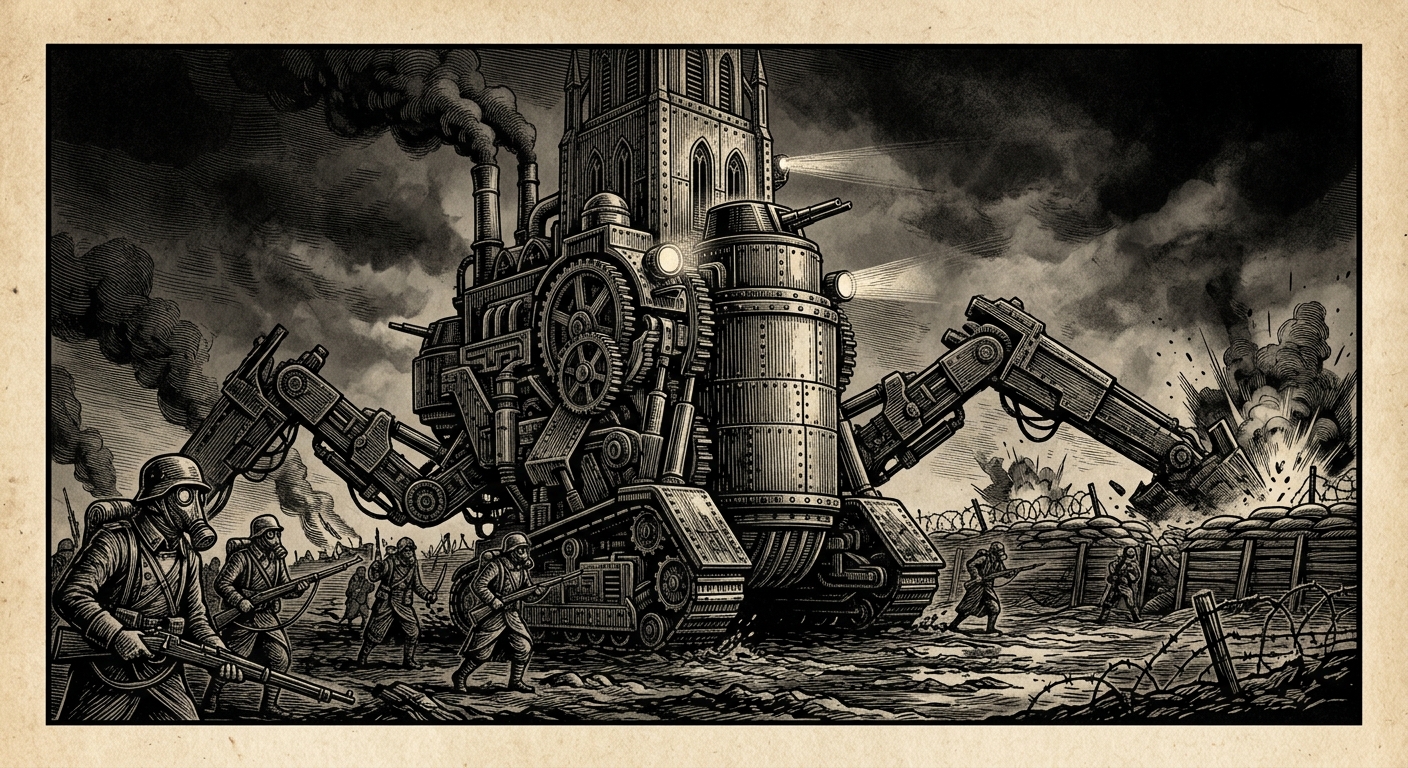 The Spire-Crusher — On the Advance to the Wire, rendered as woodcut.