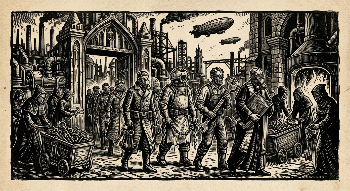 The Ten Thousand Keys — On the Professions of the Mask, rendered as woodcut.