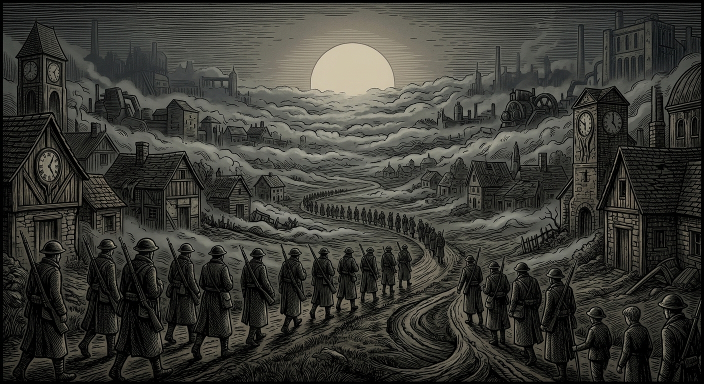 The Vales of Stagnance — On the Sun That Refuses Its Office, rendered as woodcut.
