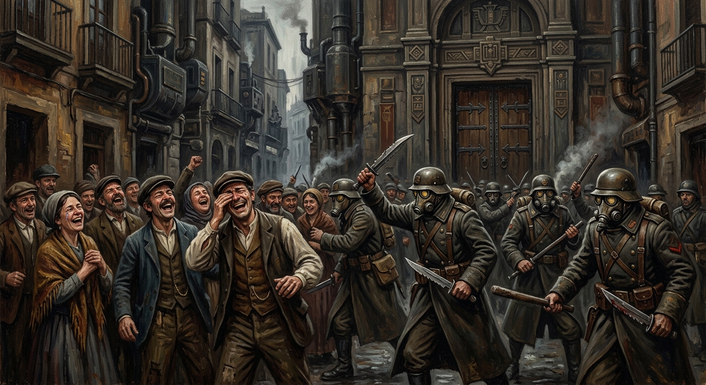 The Laugh Riots of Seville — The Laugh Riots of Seville, rendered as oil-painting.