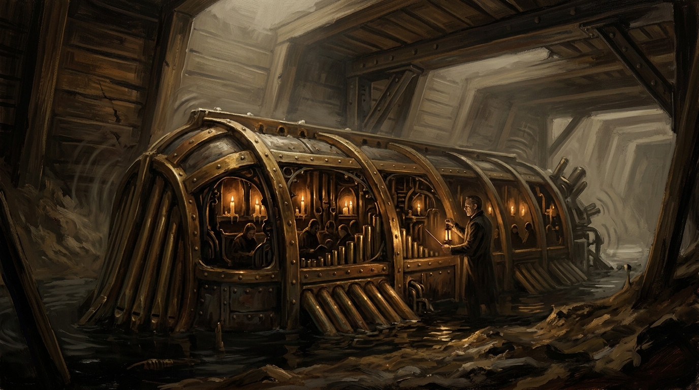 The Sunken Choir as a candlelit subterranean choir-engine beneath a trenchline, with brass ribs, organ-pipe resonators, and shadowed robed singers inside its armored hull