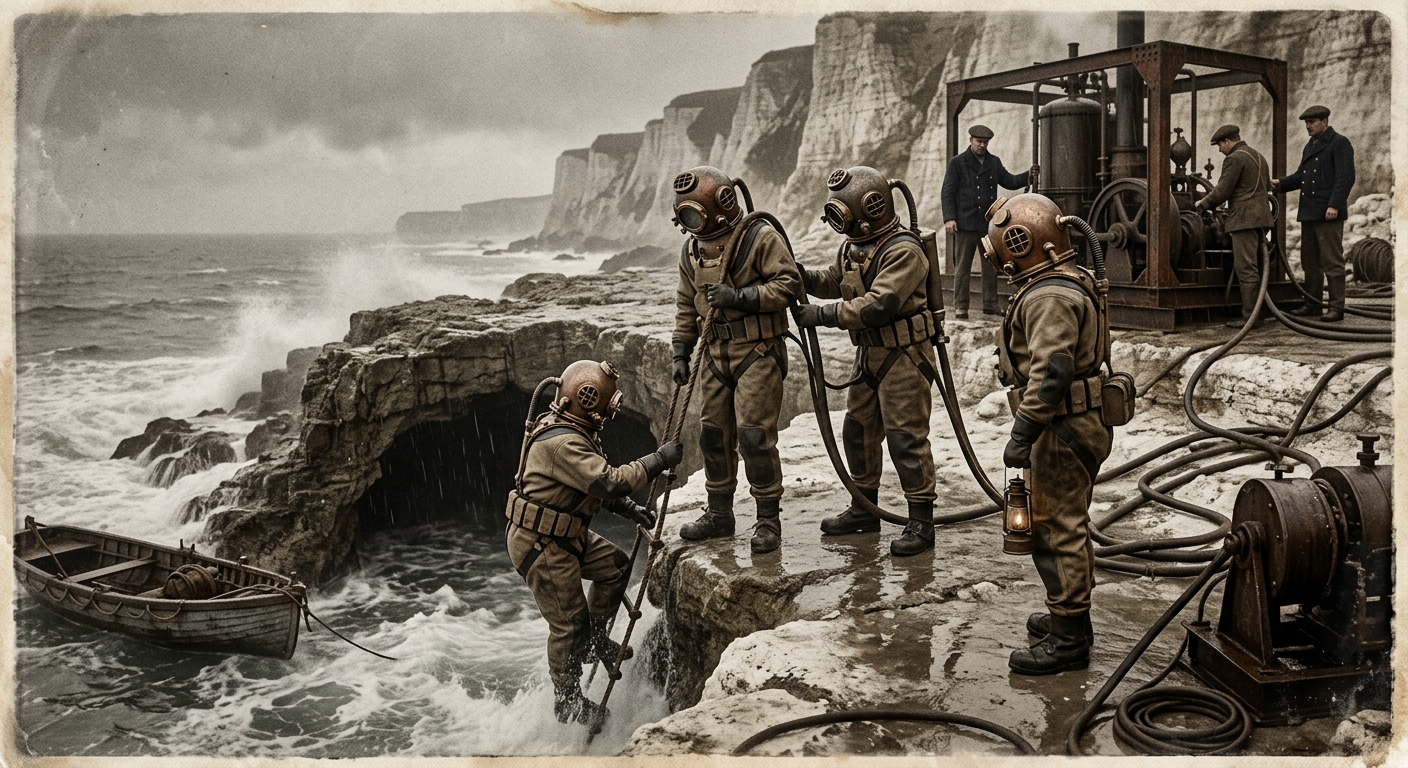 Undertide Divers — On Their First Descent, rendered as photograph.