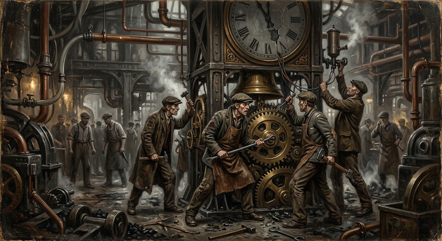 The Clock Heretics — The Clock Heretics, rendered as oil-painting.