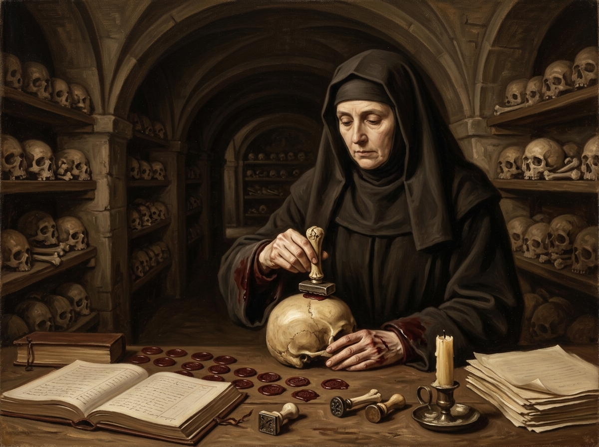Oil painting of Saint Vellum-of-the-Quiet-Hand in a candlelit ossuary corridor, bare hand holding a bone-stamp above an unnamed skull, ledgers and wax seals around her.