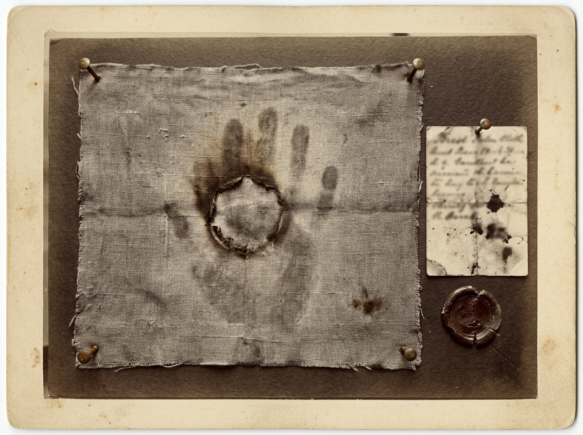 Sepia evidence photograph of the Brest Palm-Cloth, a grey linen relic with a circular wax burn and faint four-finger impression, pinned beside a Bureau case card.