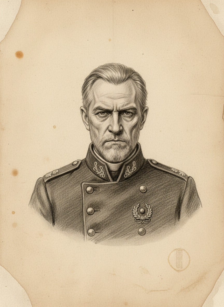 Black and white pencil dossier portrait of Hierarch of Vigilance, shown head and shoulders on vellum.