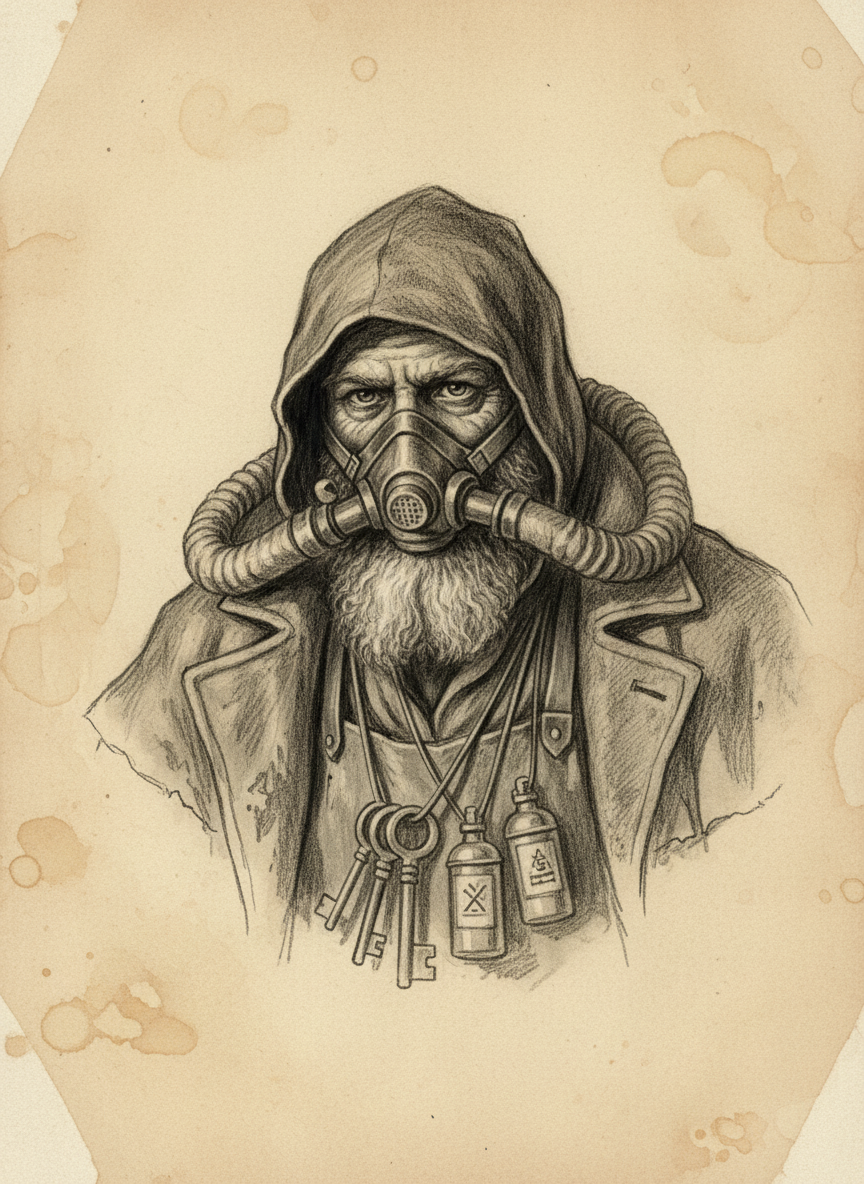 Black and white pencil dossier portrait of "Tap-King" Jaro, shown head and shoulders on vellum.