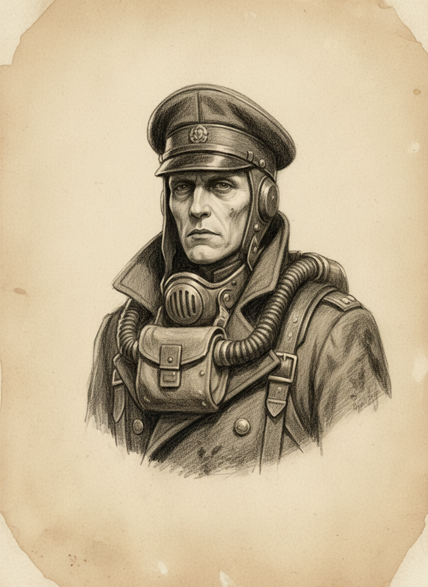 Black and white pencil dossier portrait of Adept Harlen, shown head and shoulders on vellum.