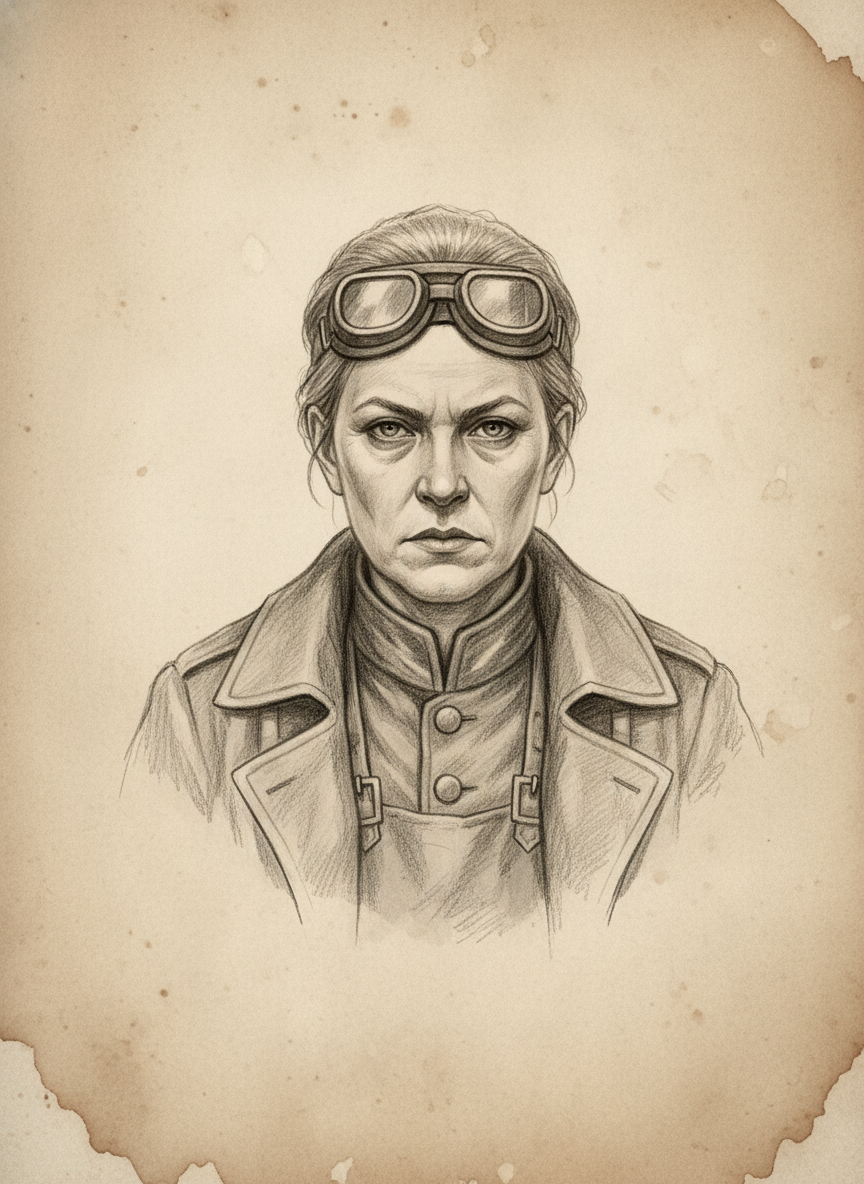 Black and white pencil dossier portrait of Adept Meryth Vesk, shown head and shoulders on vellum.