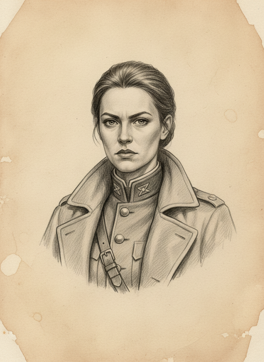 Black and white pencil dossier portrait of Aldara Vess the Younger, shown head and shoulders on vellum.