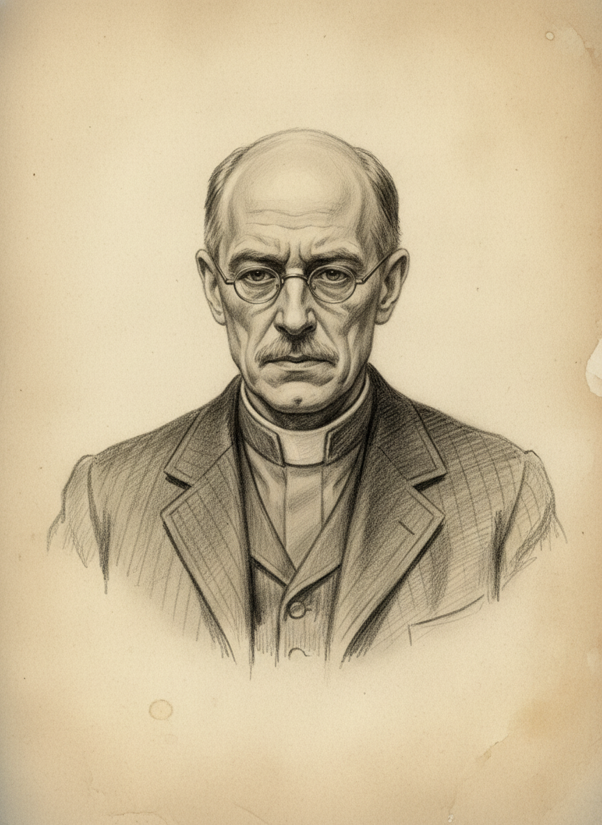 Black and white pencil dossier portrait of Aldous Crenn, shown head and shoulders on vellum.
