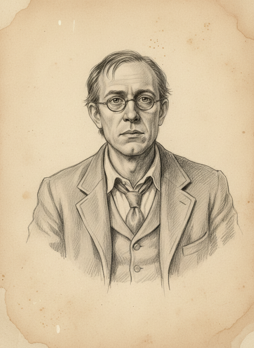 Black and white pencil dossier portrait of Aldric Venn, shown head and shoulders on vellum.