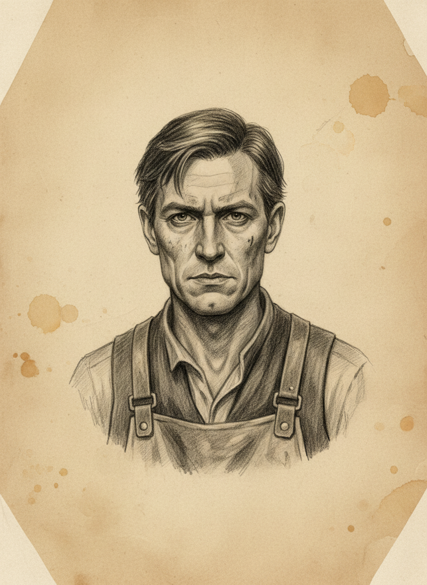 Black and white pencil dossier portrait of Alen Rill, shown head and shoulders on vellum.