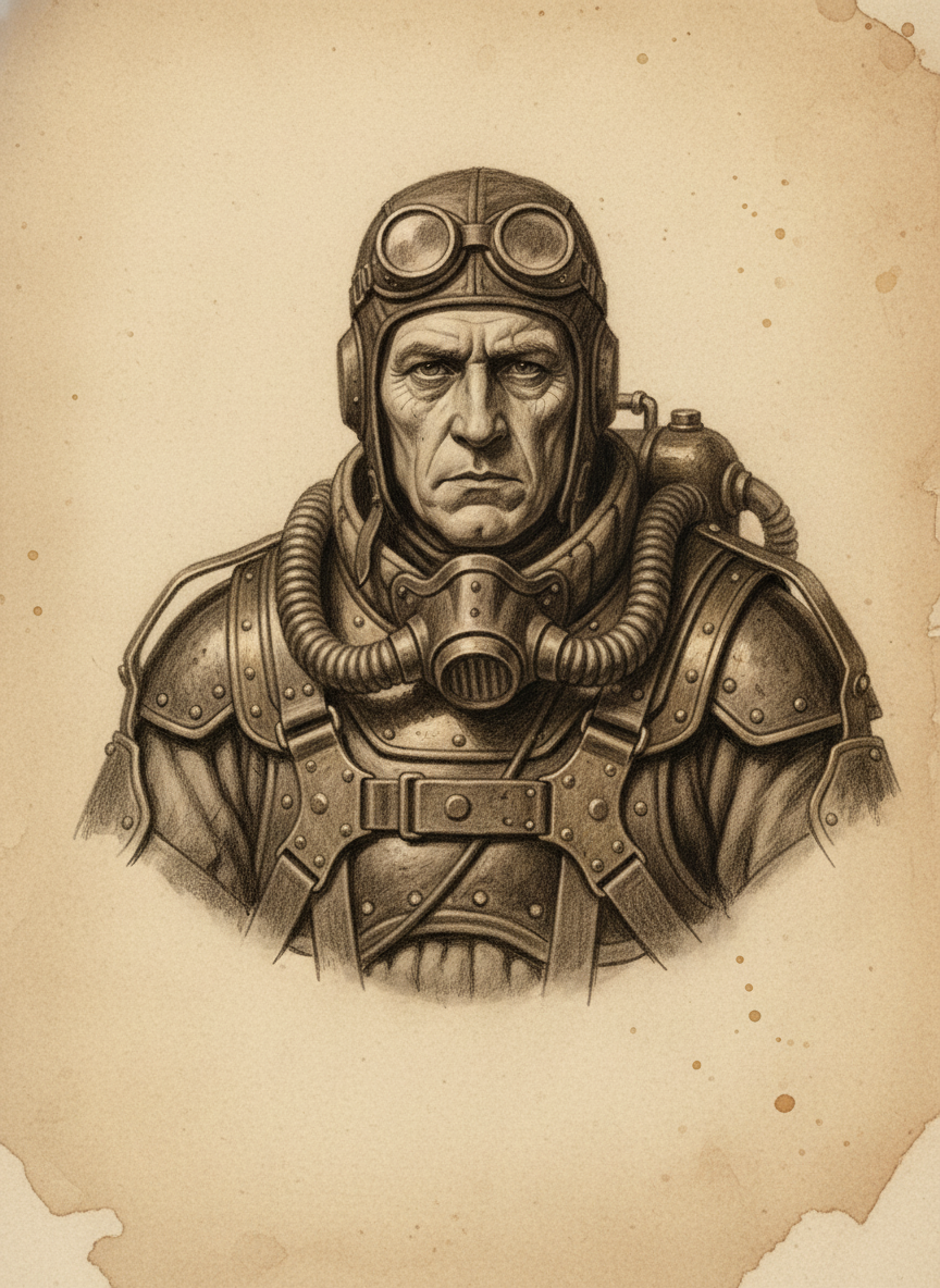 Black and white pencil dossier portrait of Bell-Warden Andros Pell, shown head and shoulders on vellum.