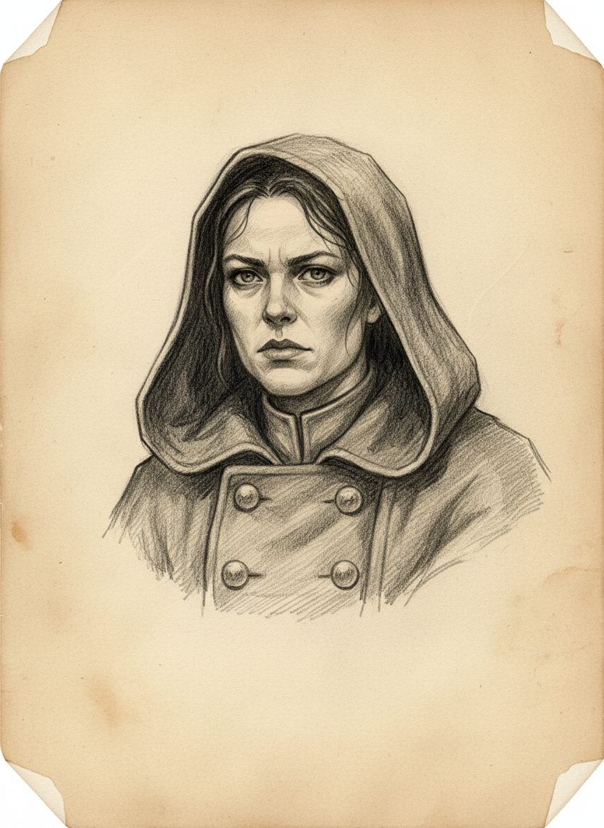 Black and white pencil dossier portrait of Bell-Warden Katerin Liss, shown head and shoulders on vellum.