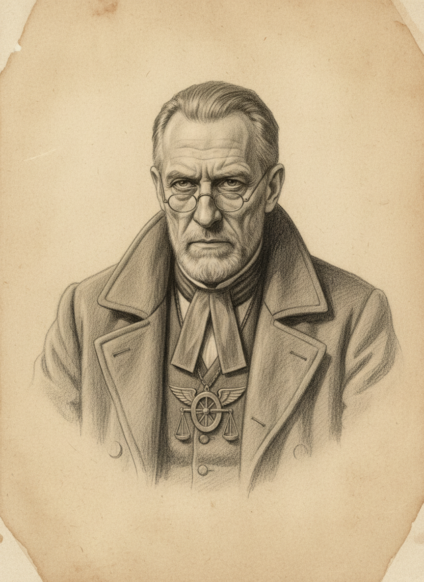 Black and white pencil dossier portrait of Cantor Ys Varr, shown head and shoulders on vellum.
