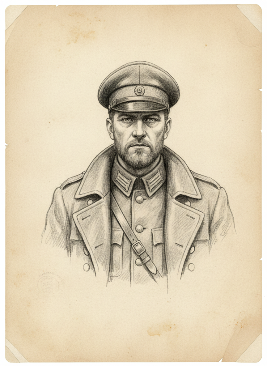 Black and white pencil dossier portrait of Captain Elias Brekke, shown head and shoulders on vellum.