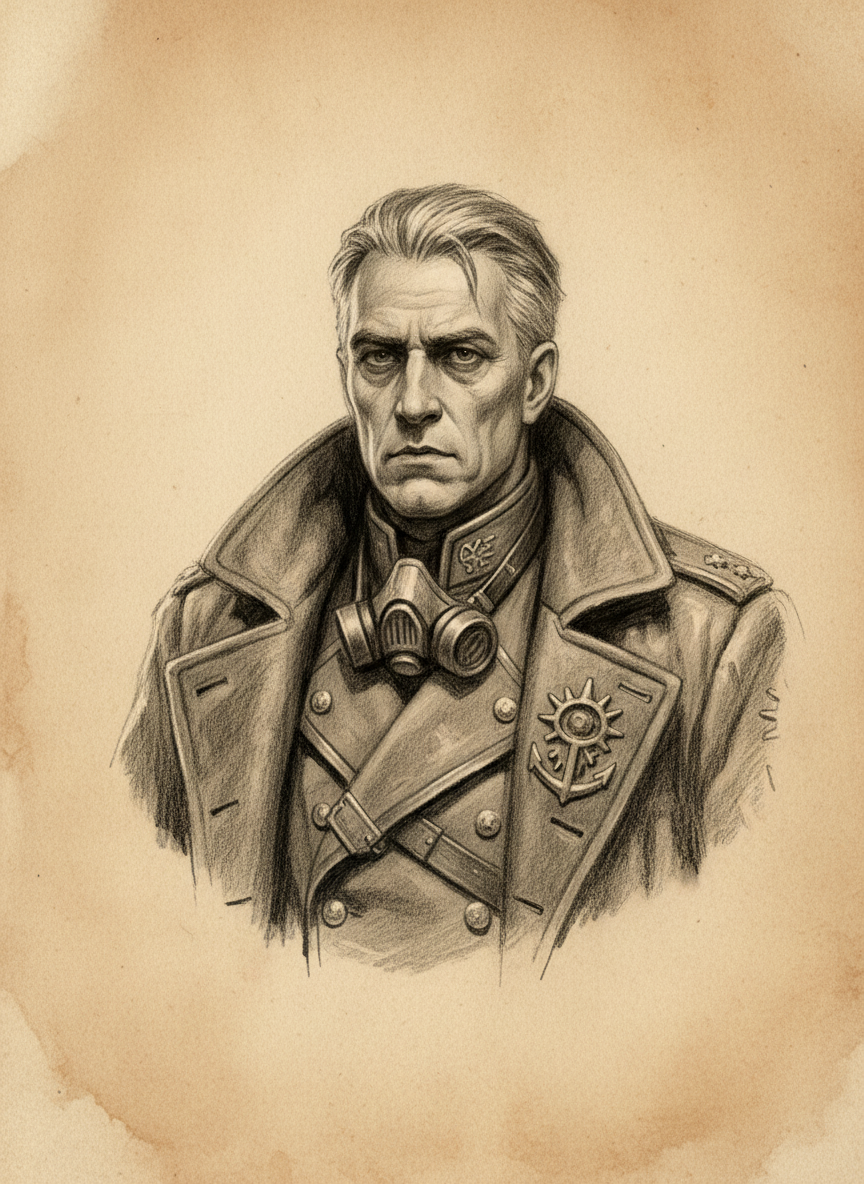 Black and white pencil dossier portrait of Captain Varik, shown head and shoulders on vellum.