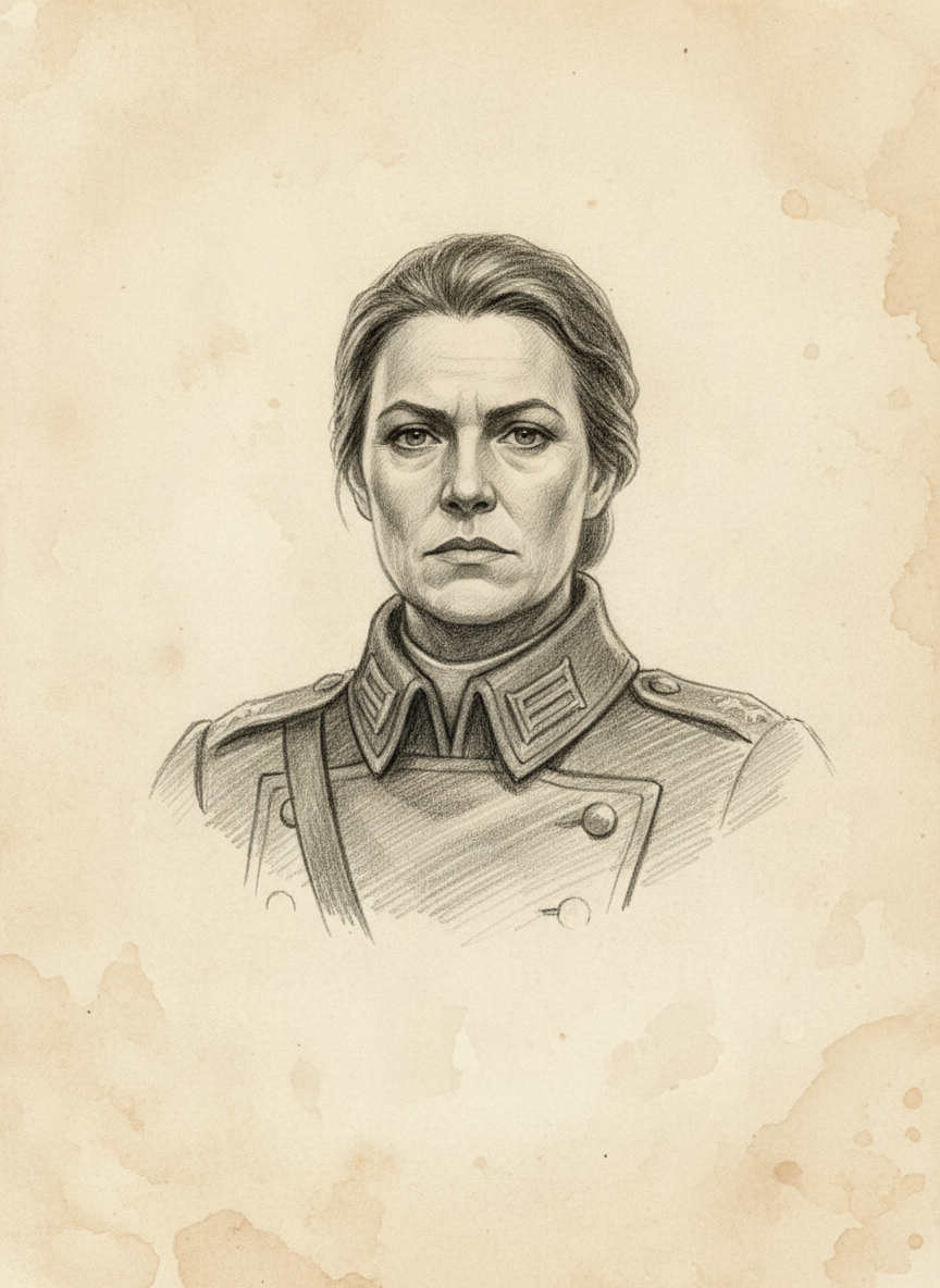 Black and white pencil dossier portrait of Castellan-Warden Ingrid Halvorsen, shown head and shoulders on vellum.