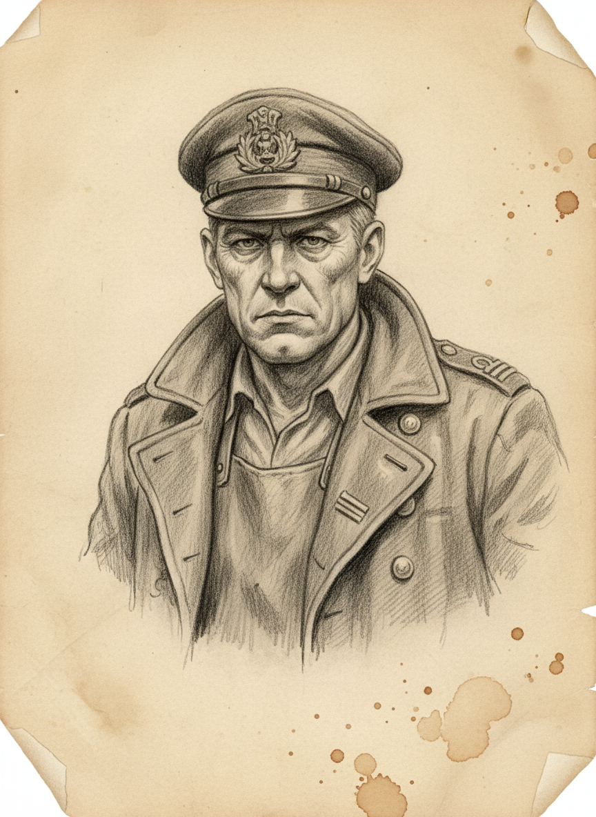 Black and white pencil dossier portrait of Chainmaster Kosta, shown head and shoulders on vellum.