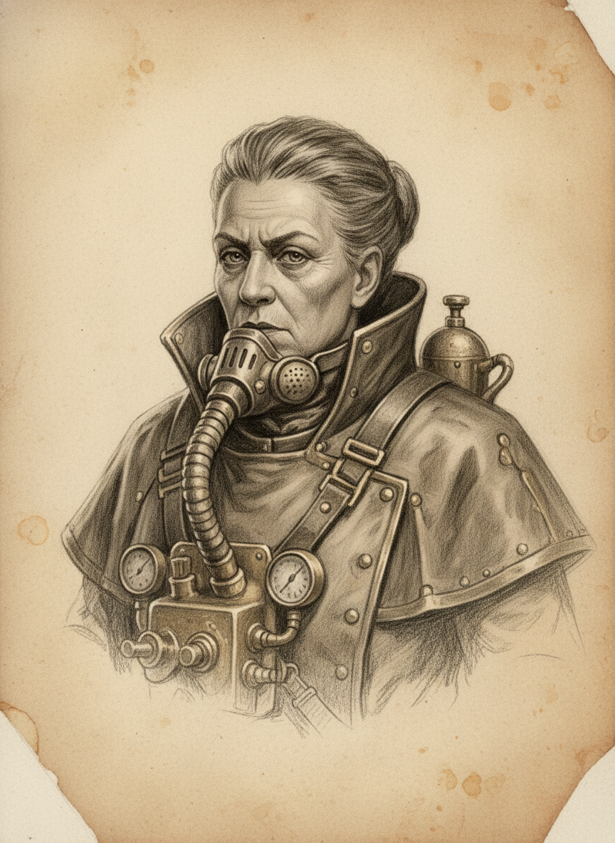 Black and white pencil dossier portrait of Choirmaster-Calibration Ilyra Kest, shown head and shoulders on vellum.