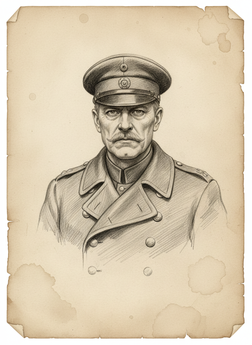 Black and white pencil dossier portrait of Colonel Verdane, shown head and shoulders on vellum.