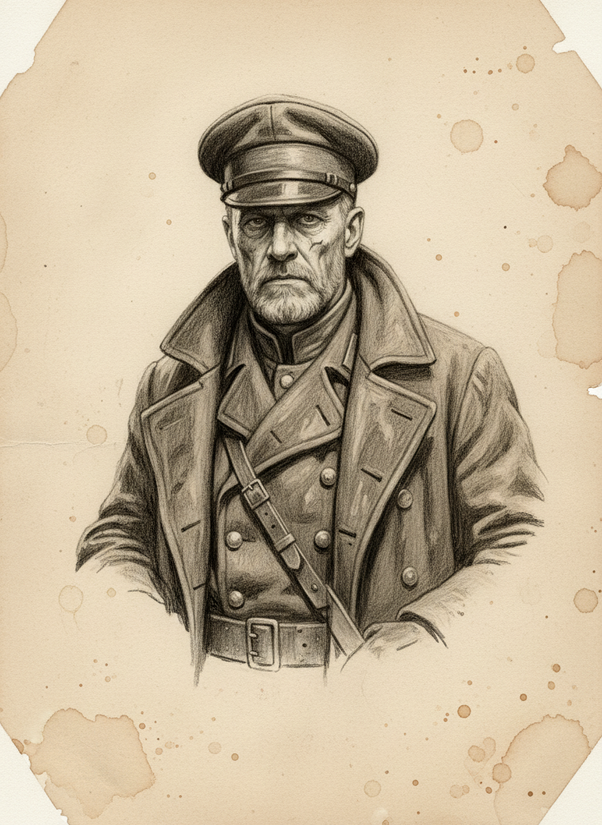 Black and white pencil dossier portrait of Commandant Hadrik Sorn, shown head and shoulders on vellum.