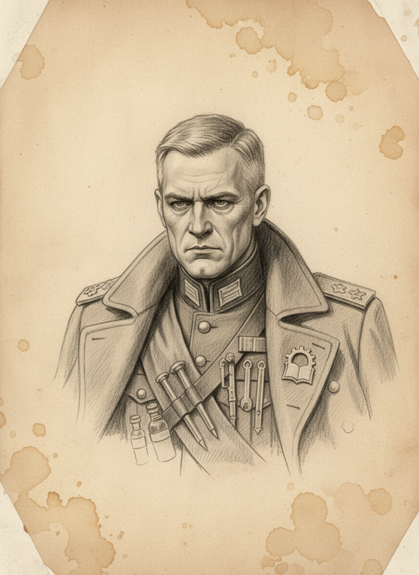 Black and white pencil dossier portrait of Commander-Auditor Sorn Vale, shown head and shoulders on vellum.