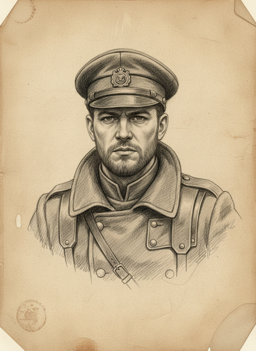 Black and white pencil dossier portrait of Corporal Drennan, shown head and shoulders on vellum.