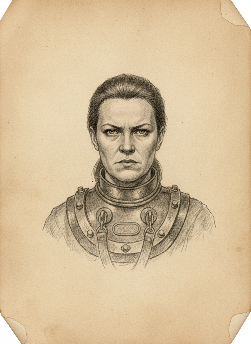 Black and white pencil dossier portrait of Diver-Matron Sera, shown head and shoulders on vellum.