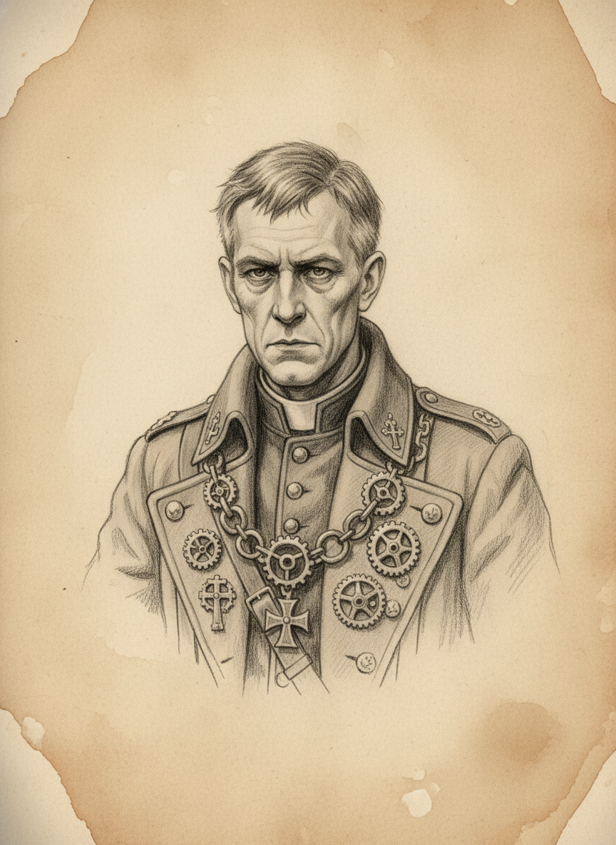 Black and white pencil dossier portrait of Father Ambrosius of Como, shown head and shoulders on vellum.