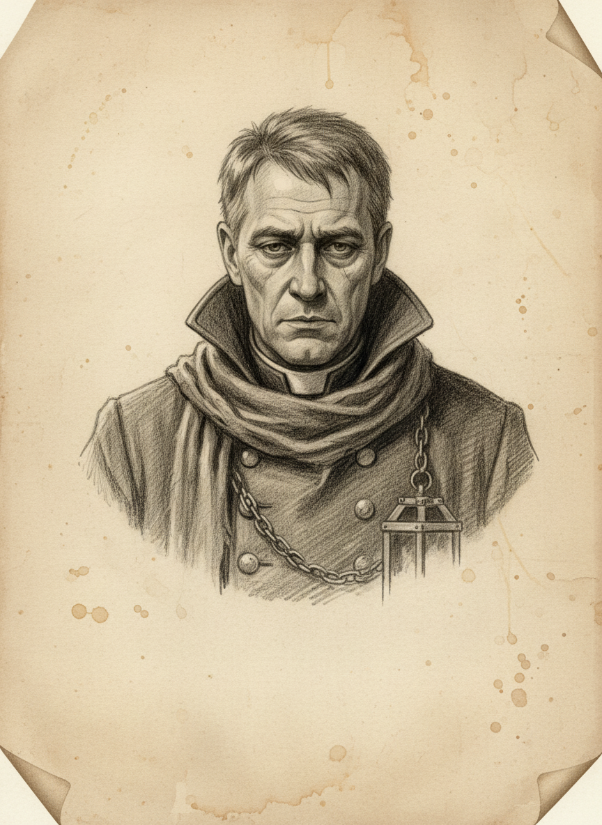 Black and white pencil dossier portrait of Father Lukasz, shown head and shoulders on vellum.