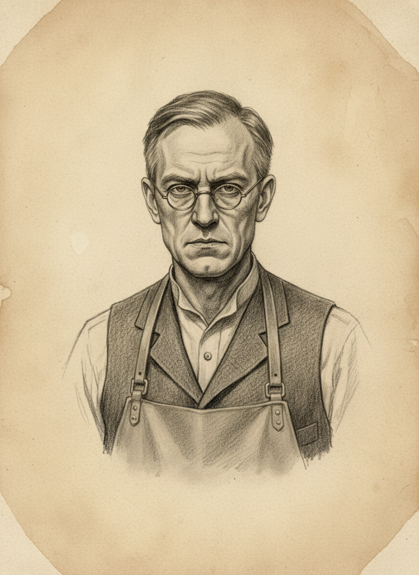 Black and white pencil dossier portrait of Doctor Trenn, shown head and shoulders on vellum.