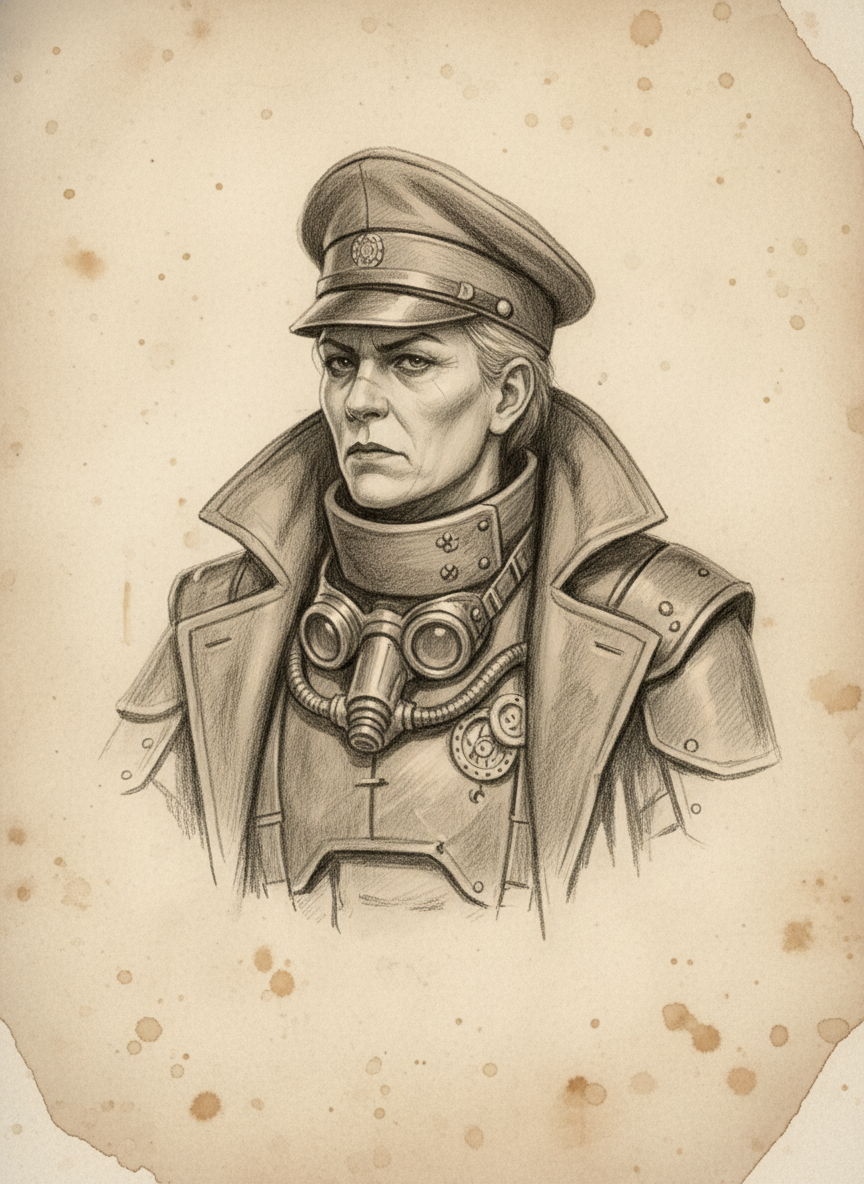 Black and white pencil dossier portrait of Gate-Warden Petra Valenne, shown head and shoulders on vellum.