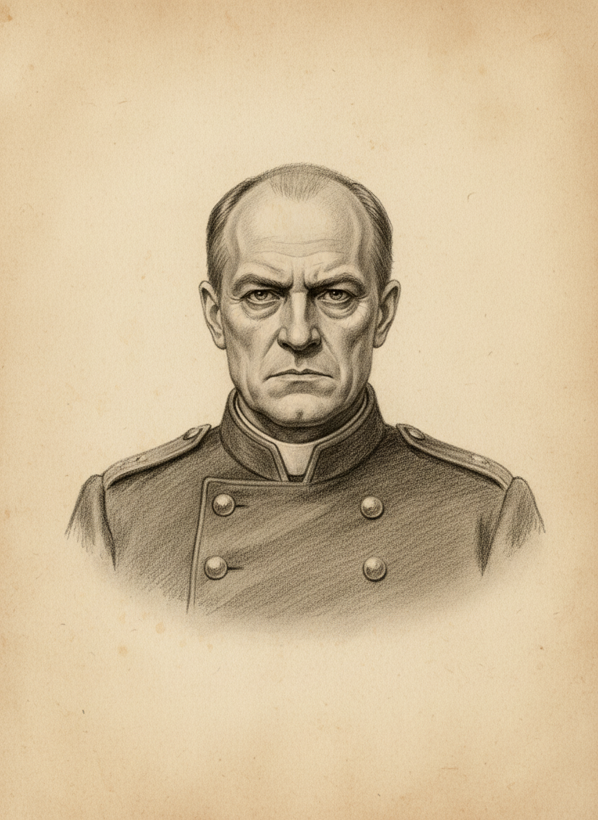 Black and white pencil dossier portrait of Governor-Praelate Hugo of Constantinople, shown head and shoulders on vellum.