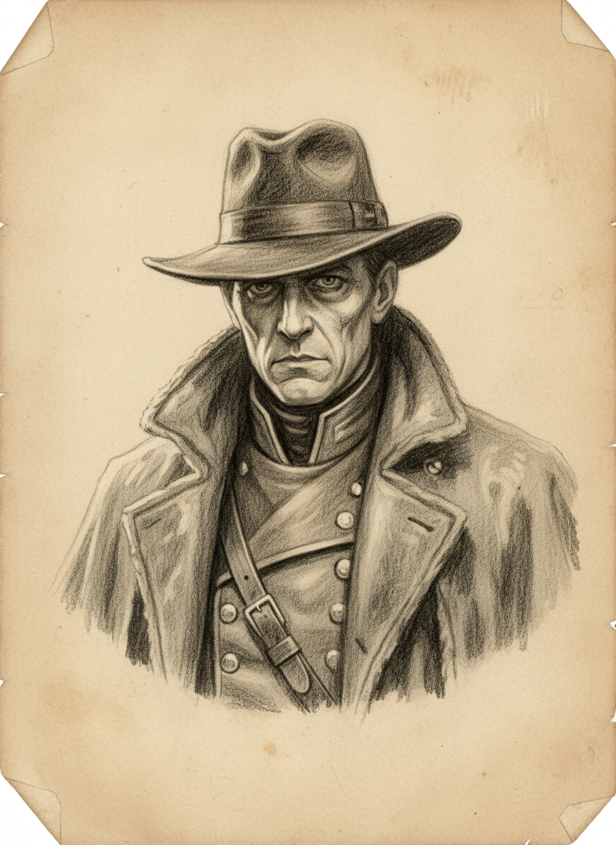 Black and white pencil dossier portrait of Grand Inquisitor Malthus the Red, shown head and shoulders on vellum.