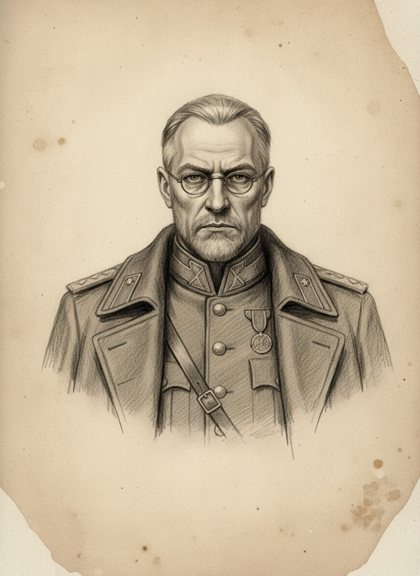 Black and white pencil dossier portrait of Grand Inquisitor Severian, shown head and shoulders on vellum.