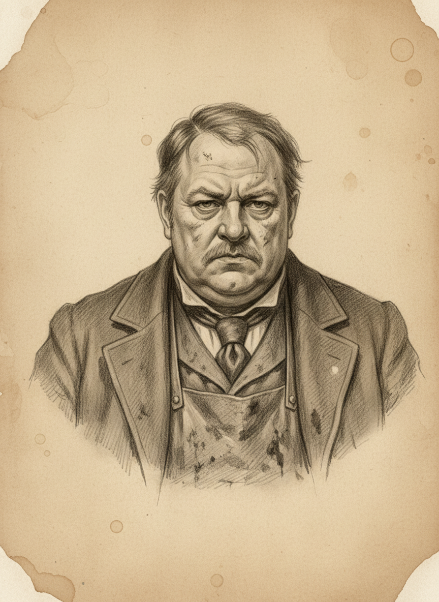Black and white pencil dossier portrait of Guildmaster Pex Ruln, shown head and shoulders on vellum.