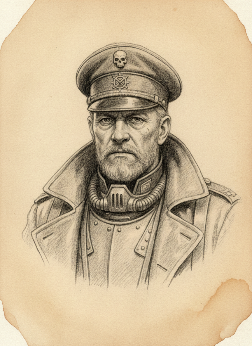 Black and white pencil dossier portrait of Gun-Cantor Marshal Vonn, shown head and shoulders on vellum.