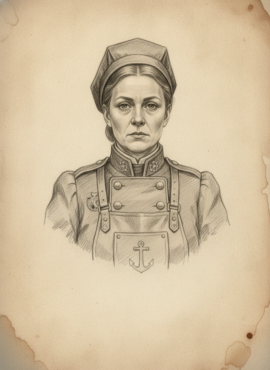 Black and white pencil dossier portrait of Harbor Prefect-Archivist Iolana, shown head and shoulders on vellum.
