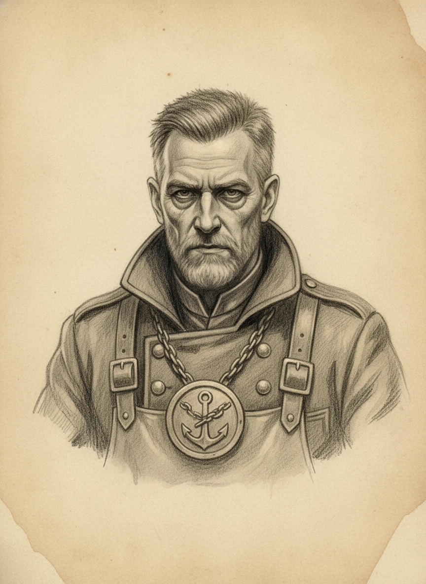 Black and white pencil dossier portrait of Harbormaster Joram Clee, shown head and shoulders on vellum.