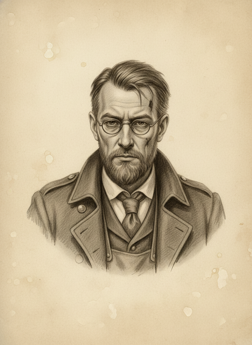 Black and white pencil dossier portrait of Hett Ruis, shown head and shoulders on vellum.