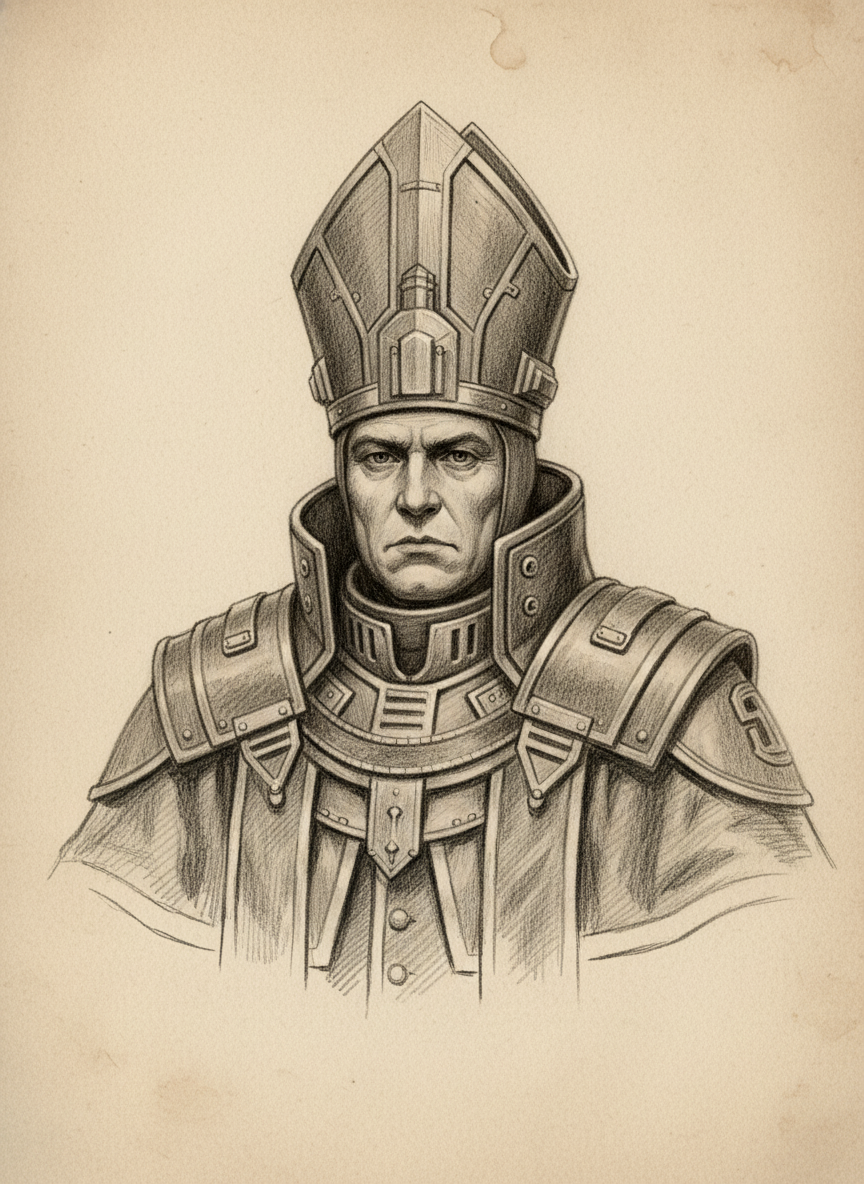 Black and white pencil dossier portrait of Hierarch of Doctrine, shown head and shoulders on vellum.