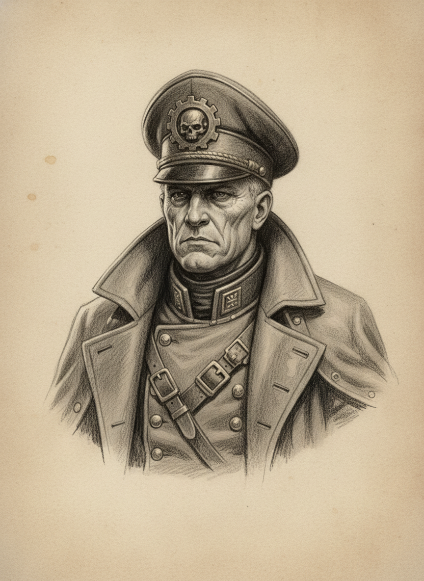 Black and white pencil dossier portrait of High Arbiter Senn Vark, shown head and shoulders on vellum.