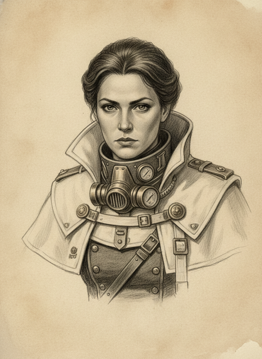 Black and white pencil dossier portrait of Inquisitor Breel, shown head and shoulders on vellum.