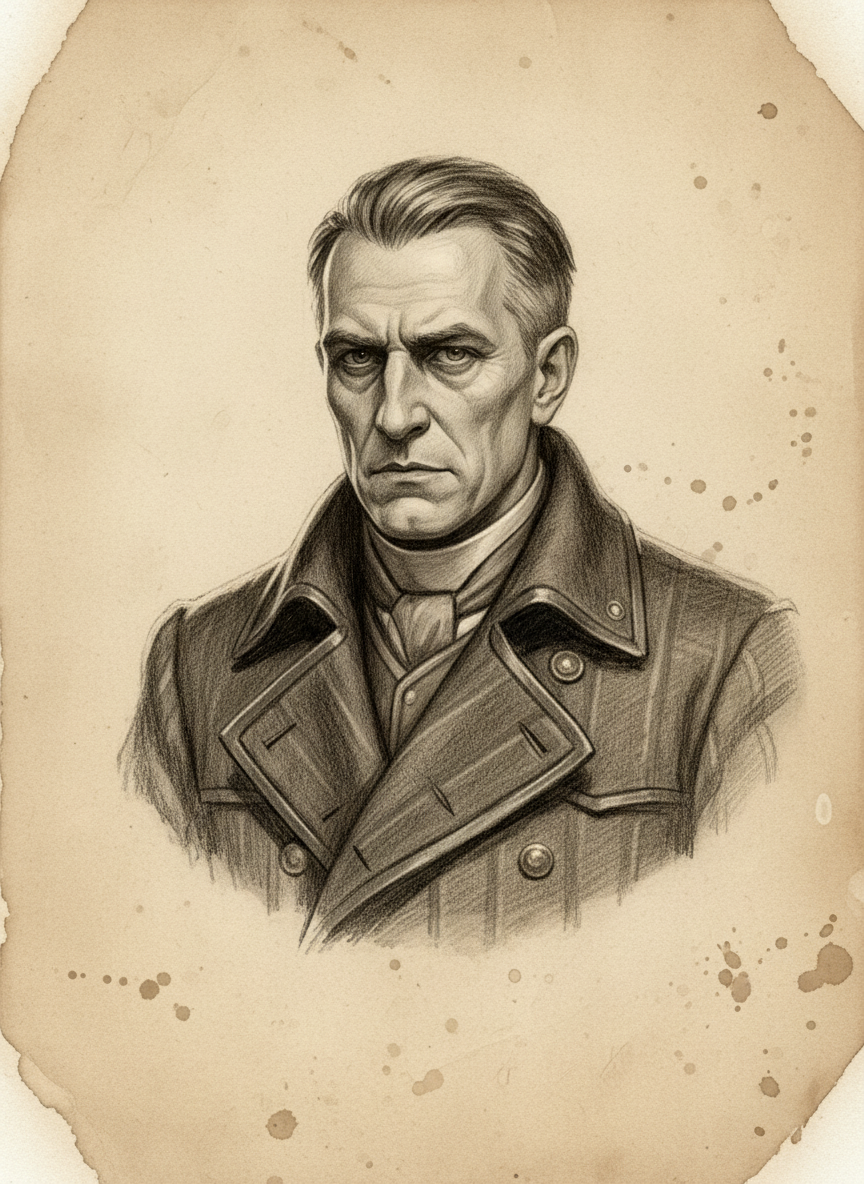 Black and white pencil dossier portrait of Inquisitor-General Severian, shown head and shoulders on vellum.