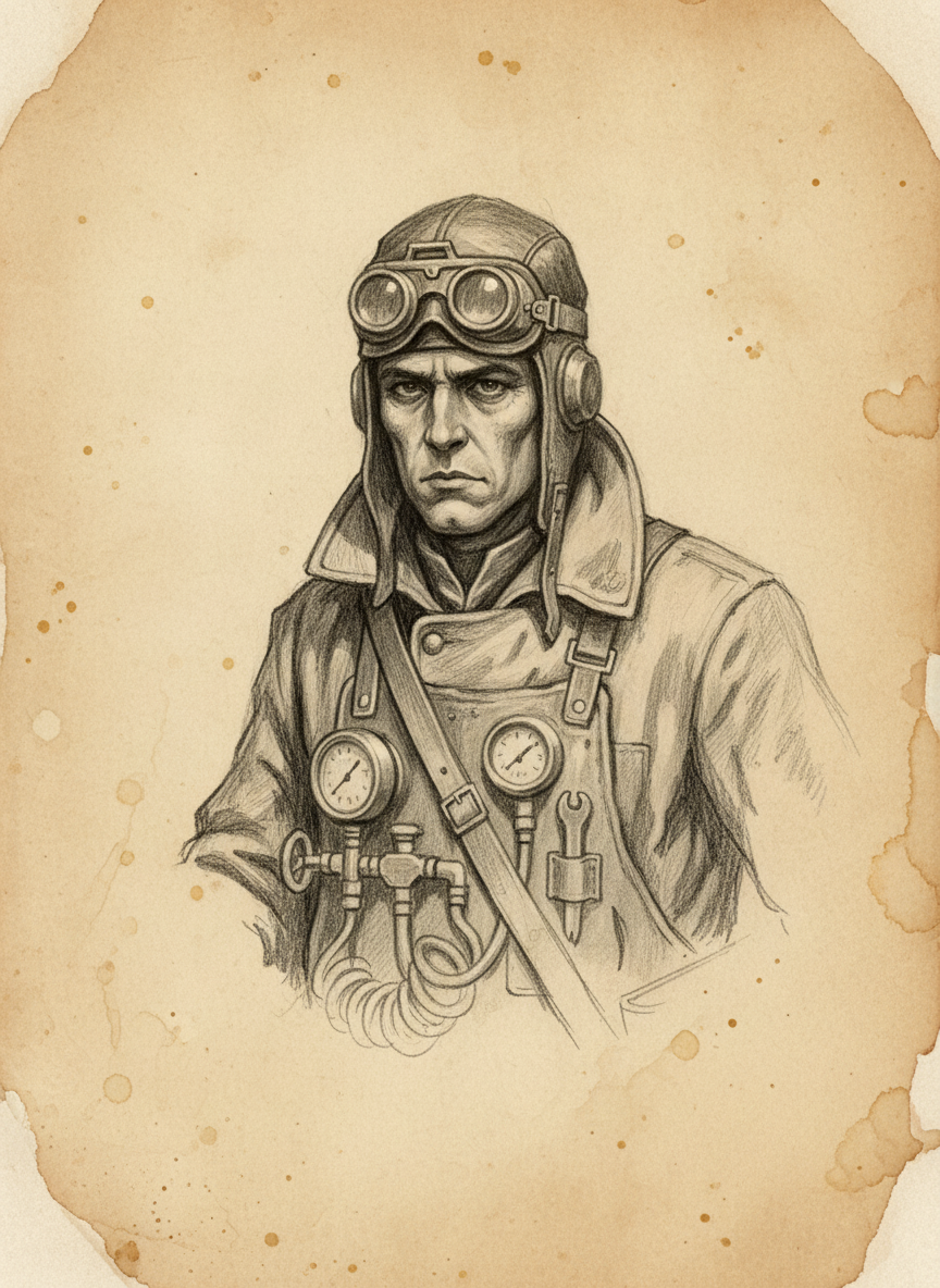 Black and white pencil dossier portrait of Inquisitor-Mechanic Lux Thane Mire, shown head and shoulders on vellum.
