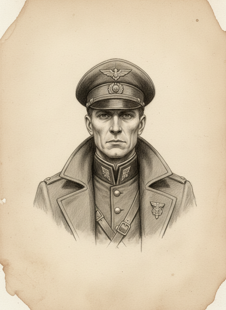 Black and white pencil dossier portrait of Inquisitor-Regent Veyl Hark, shown head and shoulders on vellum.