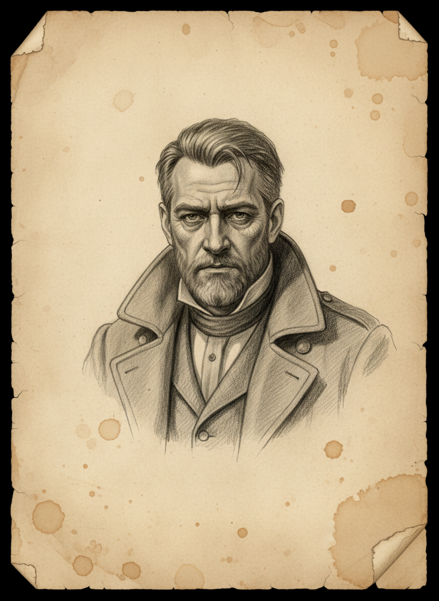 Black and white pencil dossier portrait of Inspector Joris Venne, shown head and shoulders on vellum.