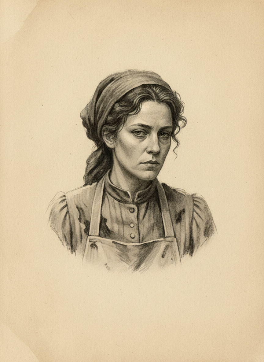 Black and white pencil dossier portrait of Irena Vale, shown head and shoulders on vellum.